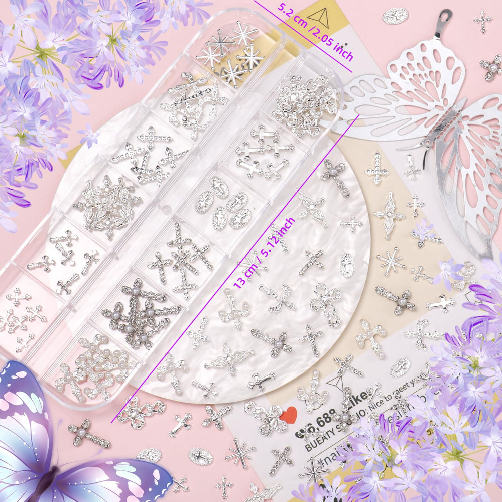 Tatiwoo 3D cross nail charms made of metal alloy with sparkling rhinestones.