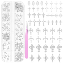 Tatiwoo 60pcs silver cross nail charms in 12 styles for versatile nail art.