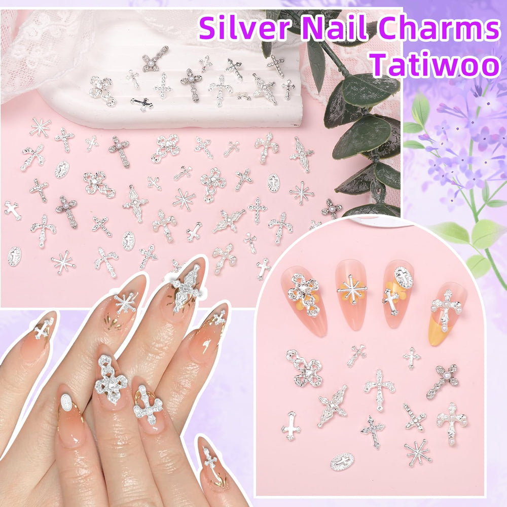 Tatiwoo silver cross charms alloy for nails, crafts, and DIY decorations.