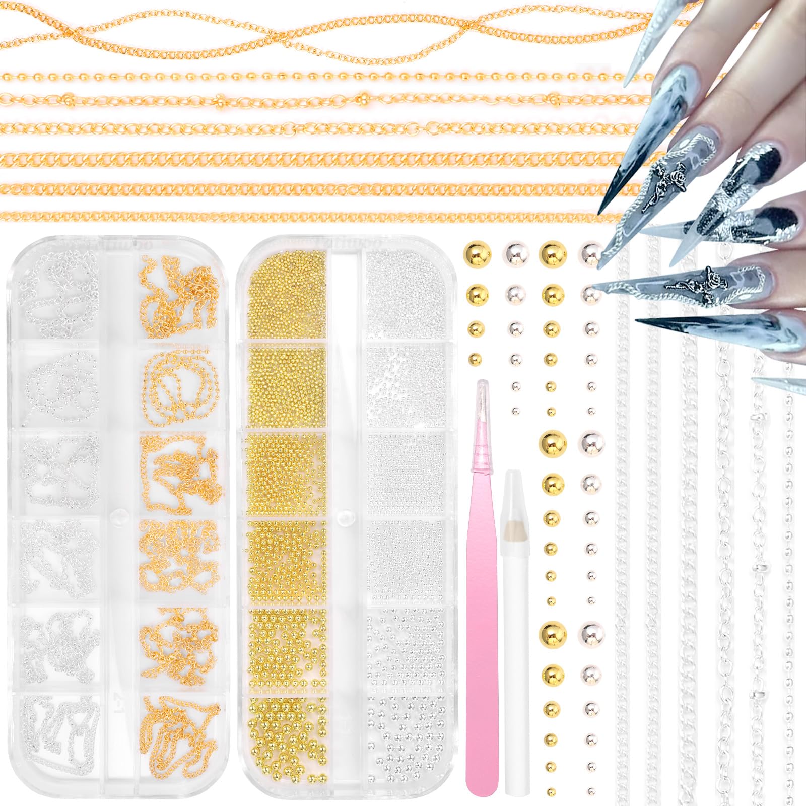 Tatiwoo nail chain charms in gold and silver for premium nail art accents.