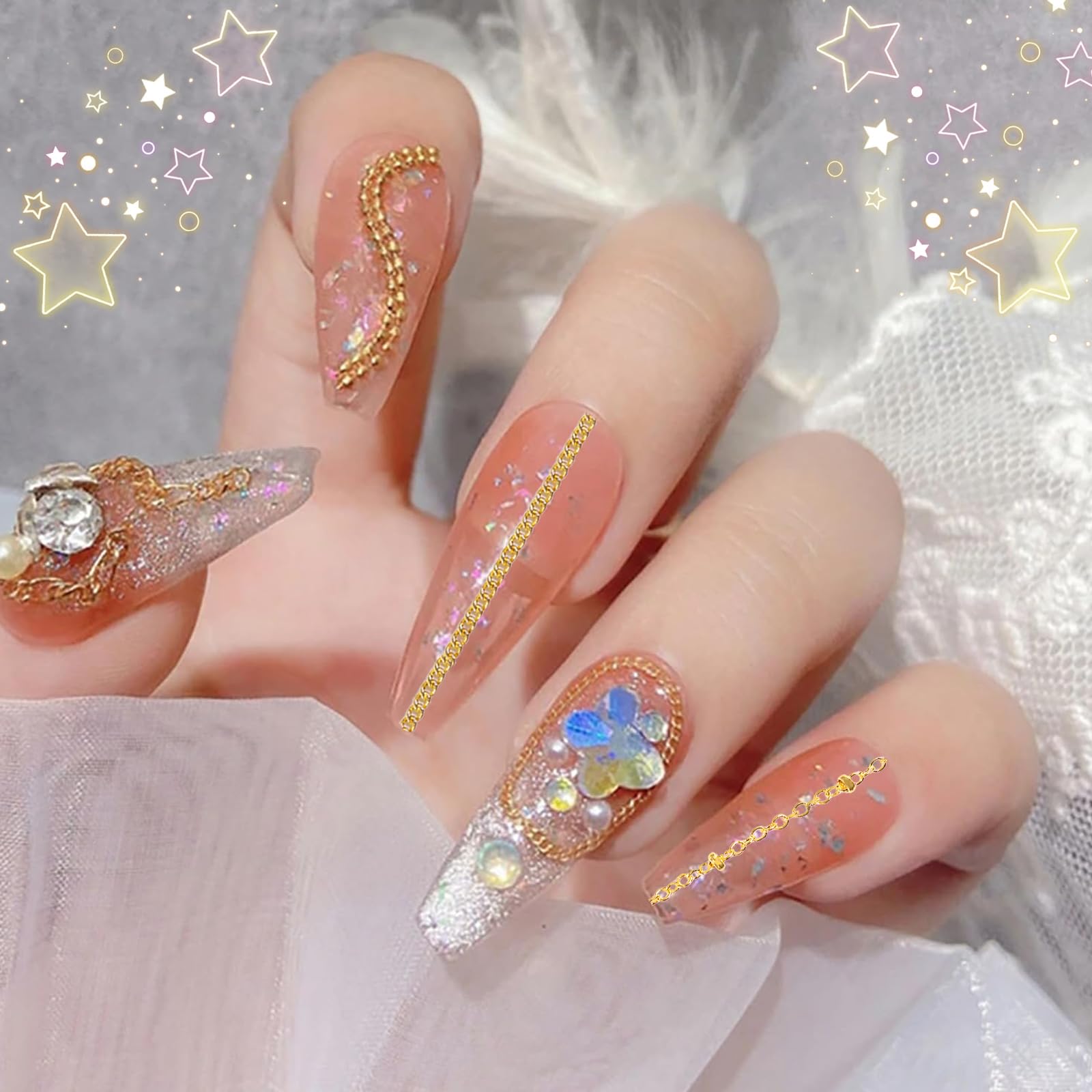 Tatiwoo 04 nail chains in gold suit artificial nails and base coat setups