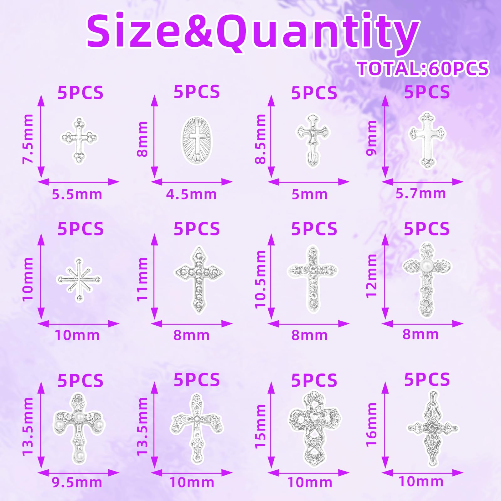 Tatiwoo silver nail charms mixed crosses and gems add sparkle to acrylic nails.