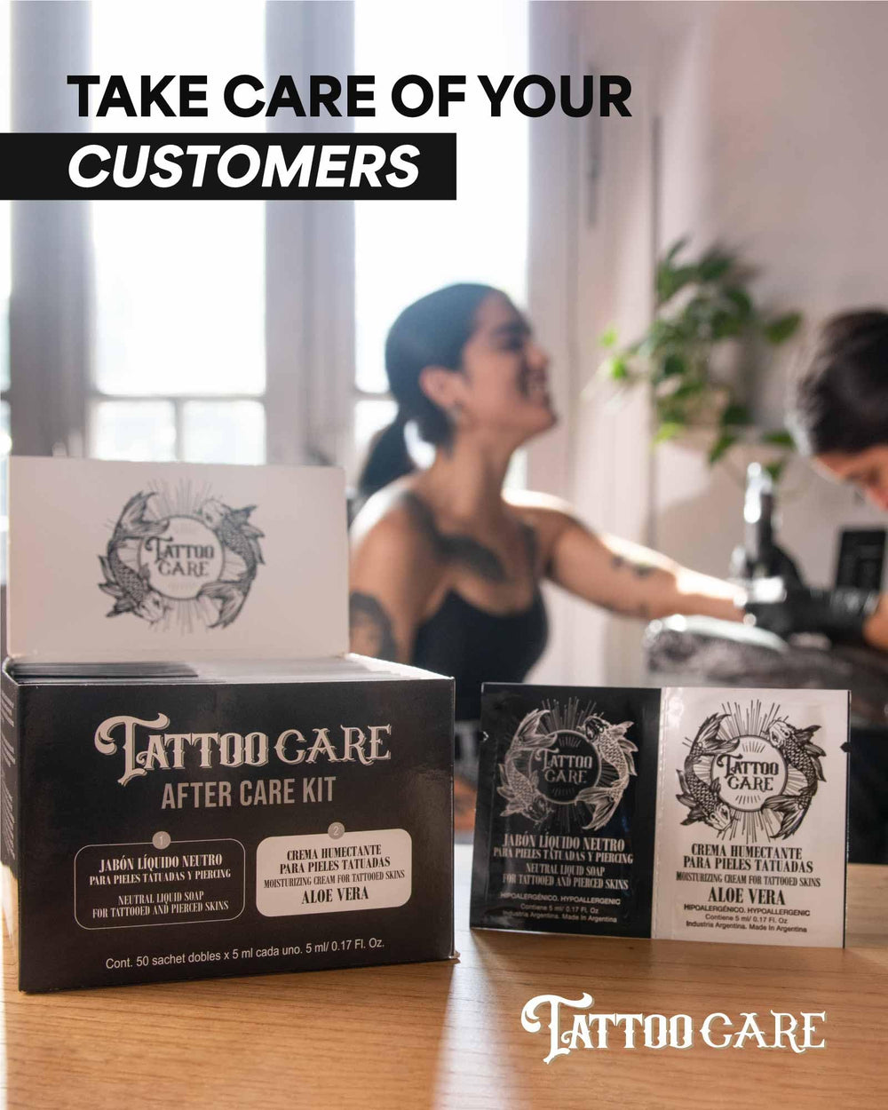 Propolis vitamins A and E and shea butter in Tattoo Care formula.