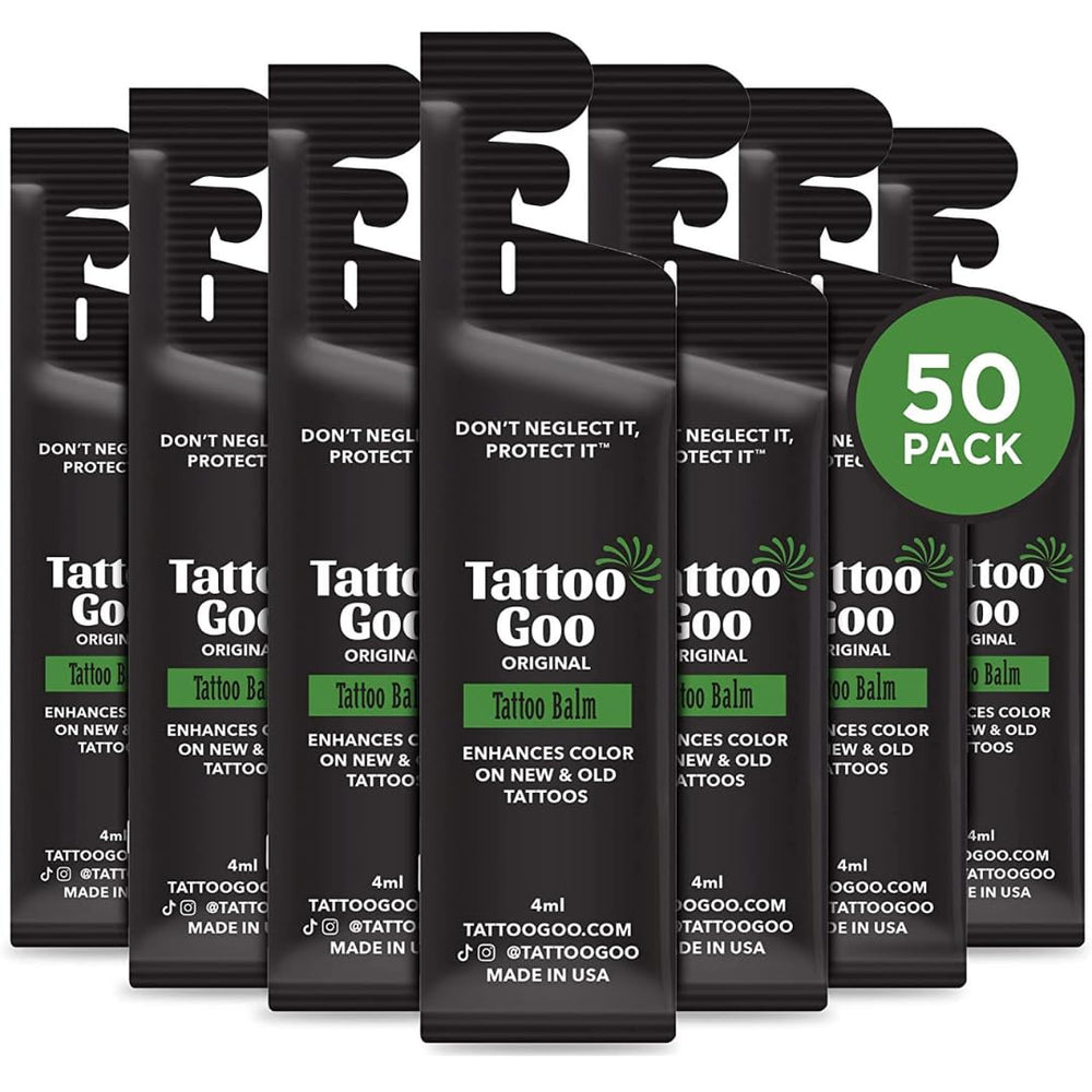 Tattoo Goo Original Aftercare Balm tin close-up highlighting natural ingredients for soothing and healing tattooed skin.