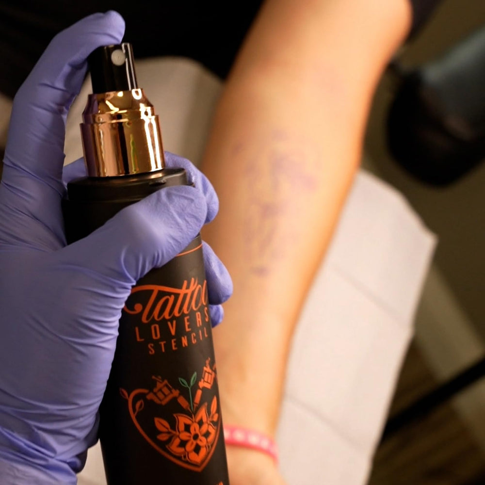 Tattoo Lovers Care stencil remover in action for fast clean skin before tattooing