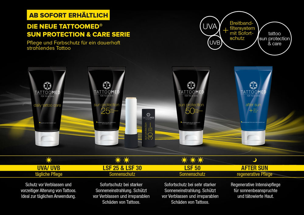 TattooMed sun protection on a beach scene highlighting color retention and care