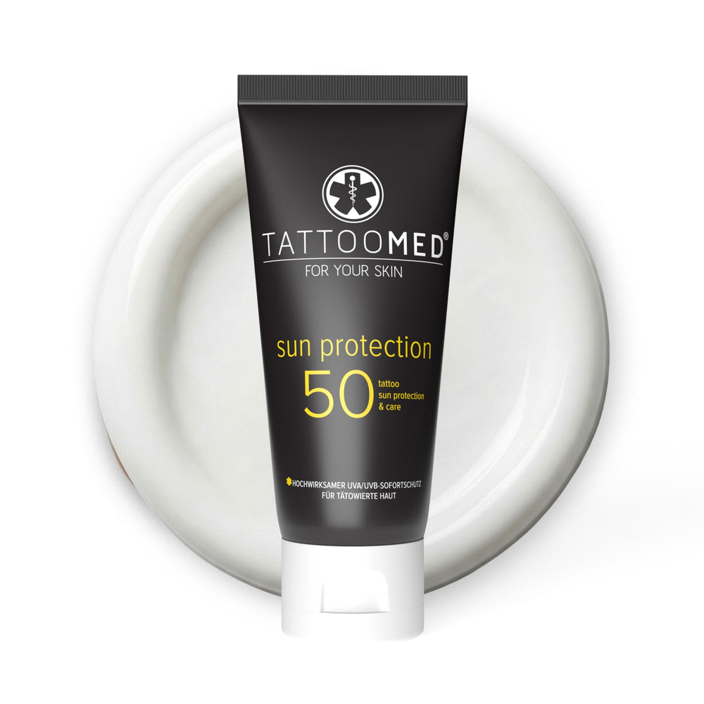 TattooMed Sun Protection SPF50 bottle front view for tattoo color protection on skin