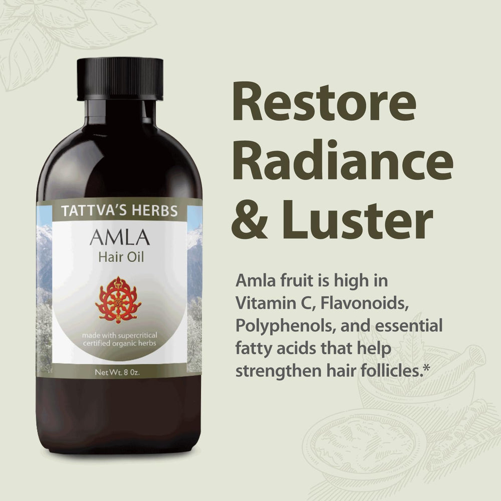 Tattva's Herbs Amla Oil ingredients highlight natural, vegan formula.