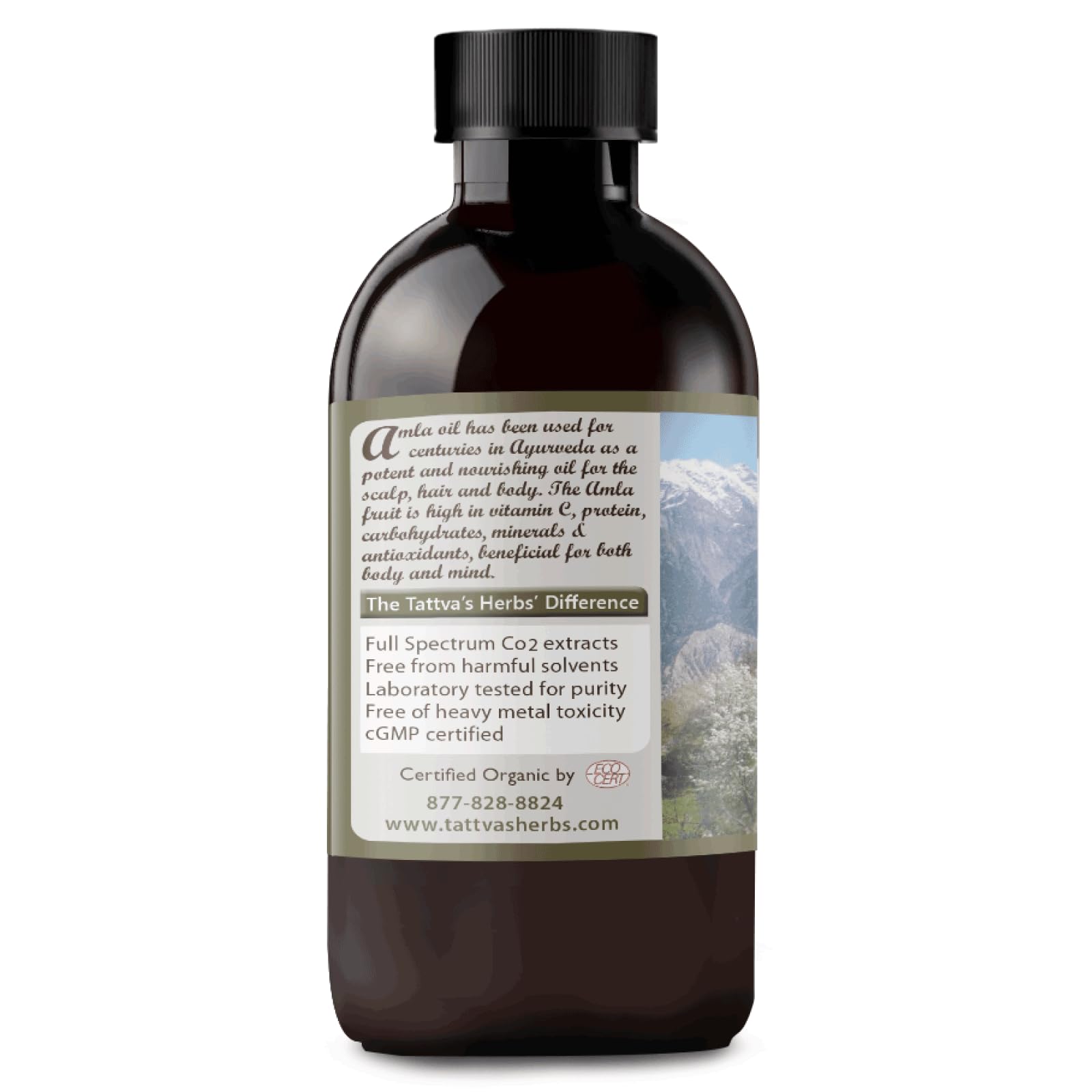 8 oz packaging of Tattva's Herbs Amla Oil ready for routine use.