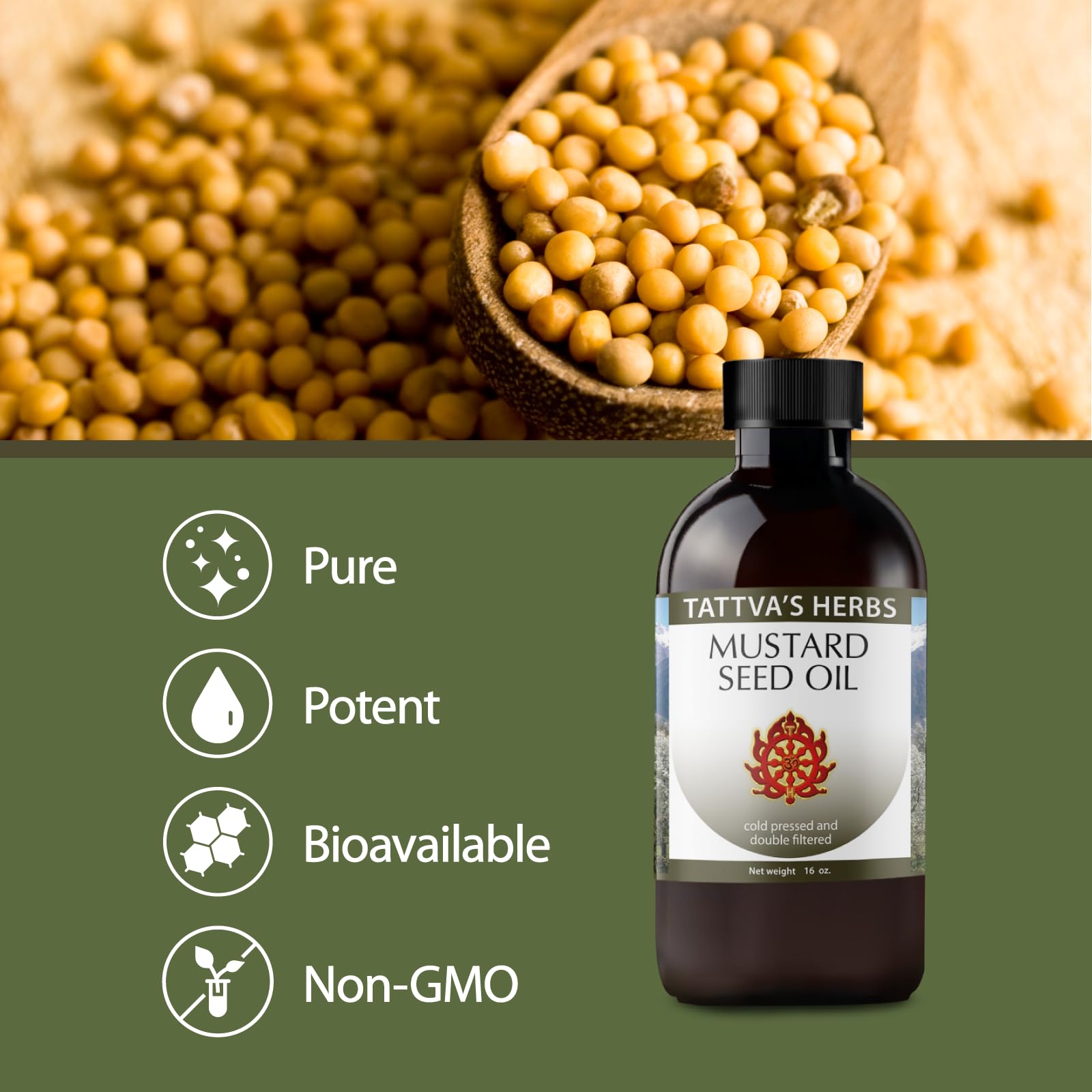 Tattva's Herbs Mustard Seed Oil bottle with non-GMO premium sourcing label.