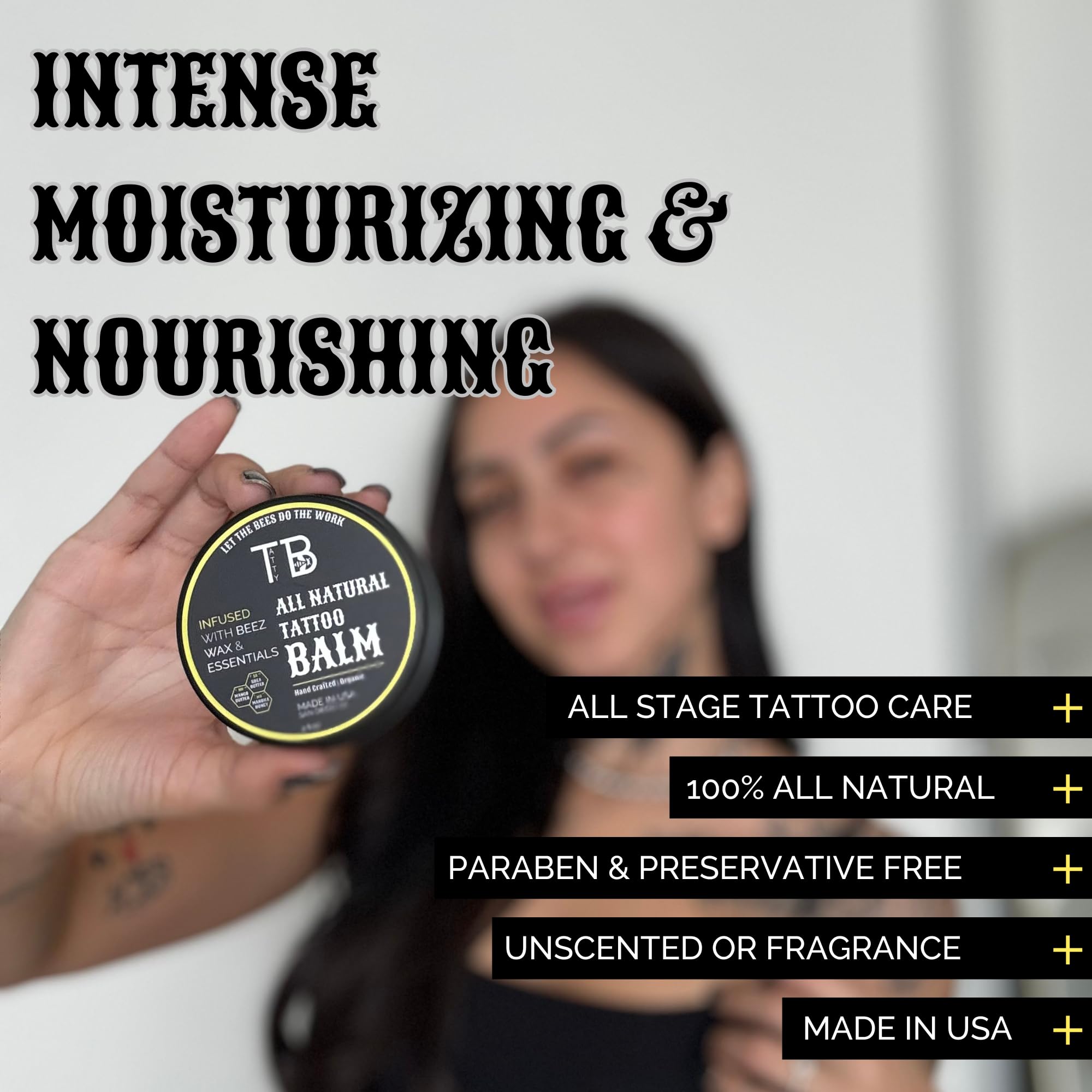 TattyBee balm closeup applying demonstrates quick-absorbing formula soothing irritation.