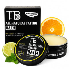 TattyBee tattoo aftercare balm bottle shows a soothing care ritual for fresh ink.