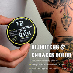 TattyBee tattoo aftercare balm jar emphasizes moisturizing protection for all-day comfort.