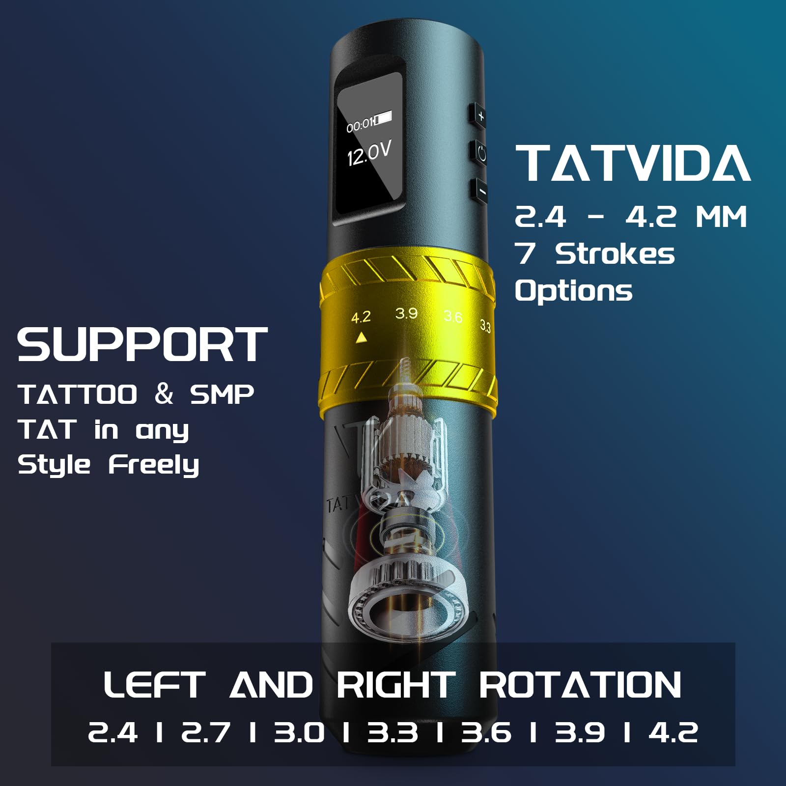 TATVIDA tattoo gun stroke-length knob shows customizable lining and shading options