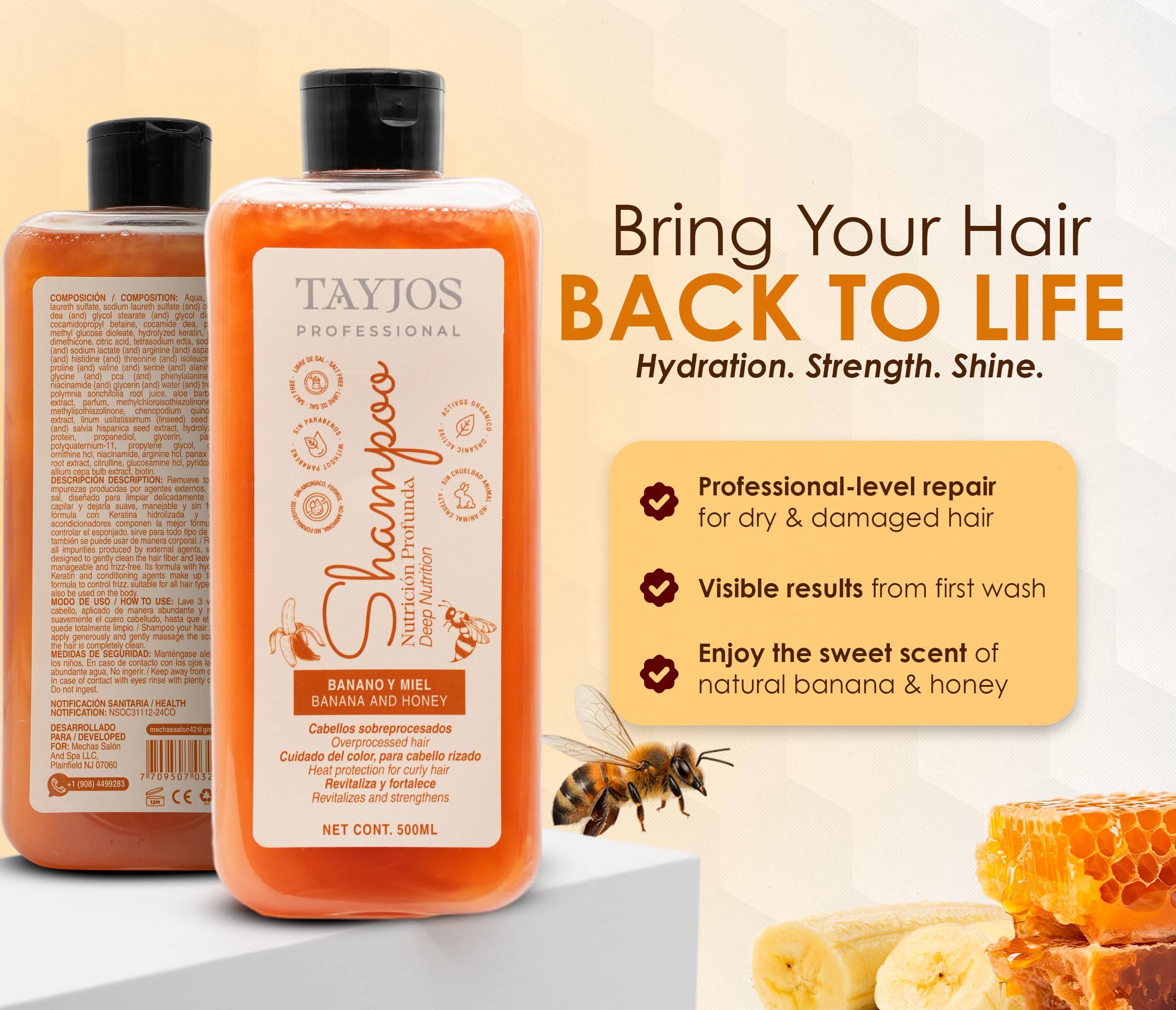 TAYJOS PROFESSIONAL Banana & Honey ingredients close-up featuring banana and honey extracts.