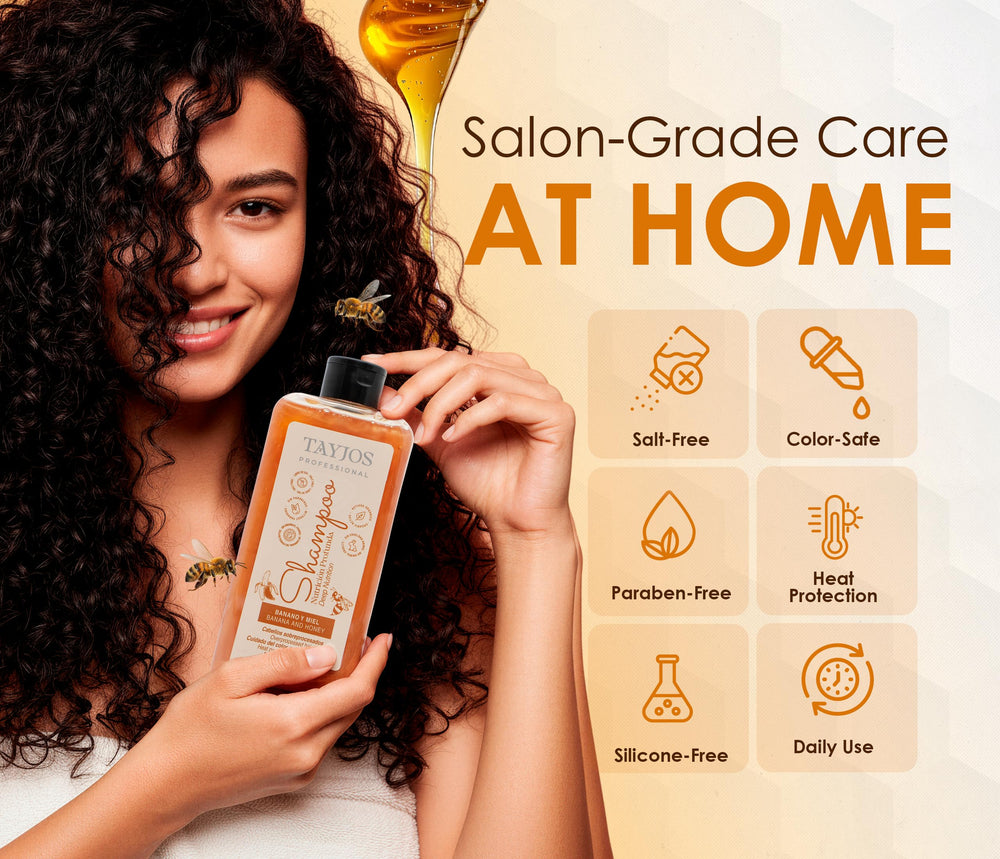 TAYJOS PROFESSIONAL Banana & Honey label close-up highlights natural conditioning ingredients.