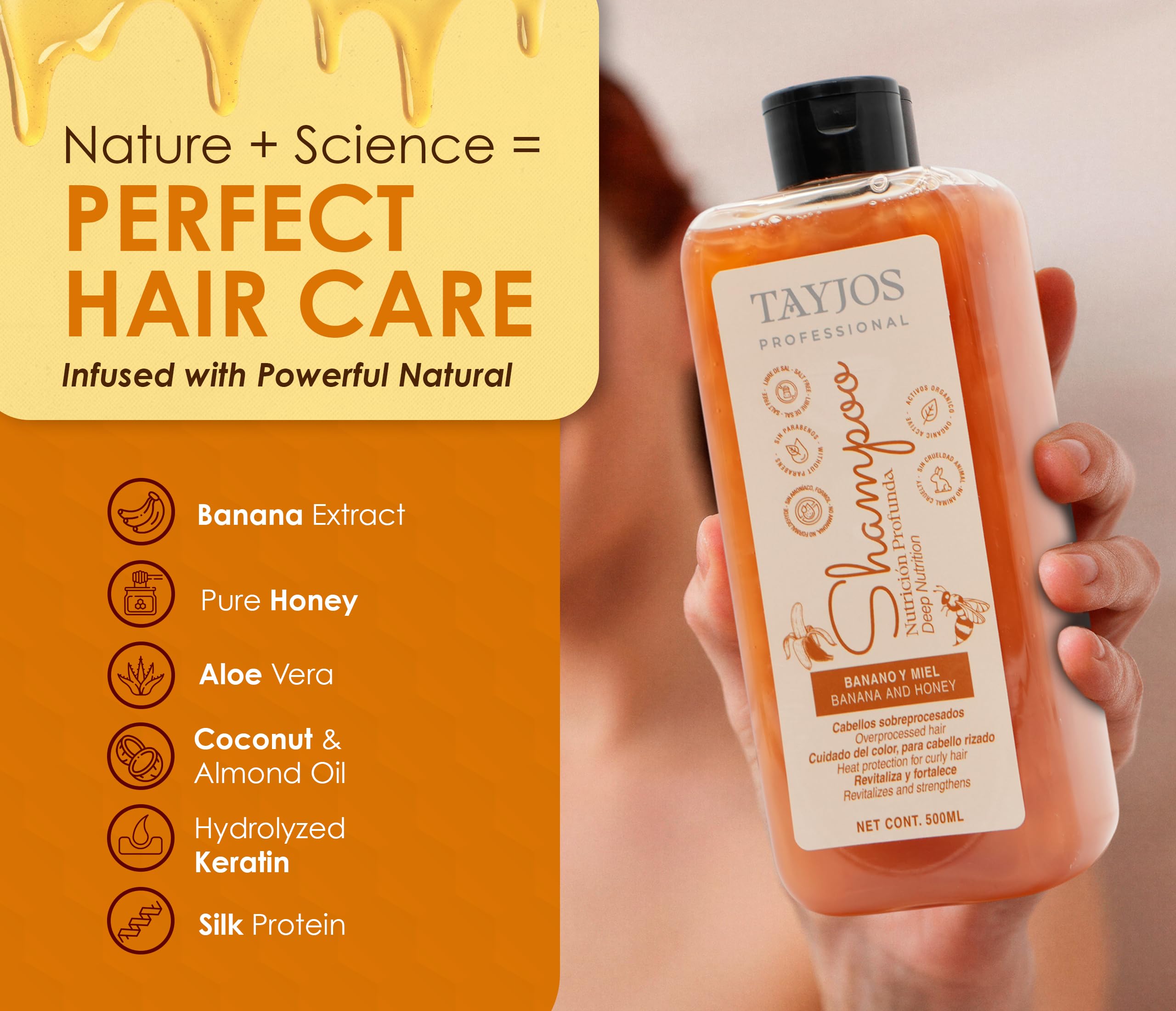 TAYJOS PROFESSIONAL Banana & Honey shampoo lather spreading evenly with a sulfate-free formula.