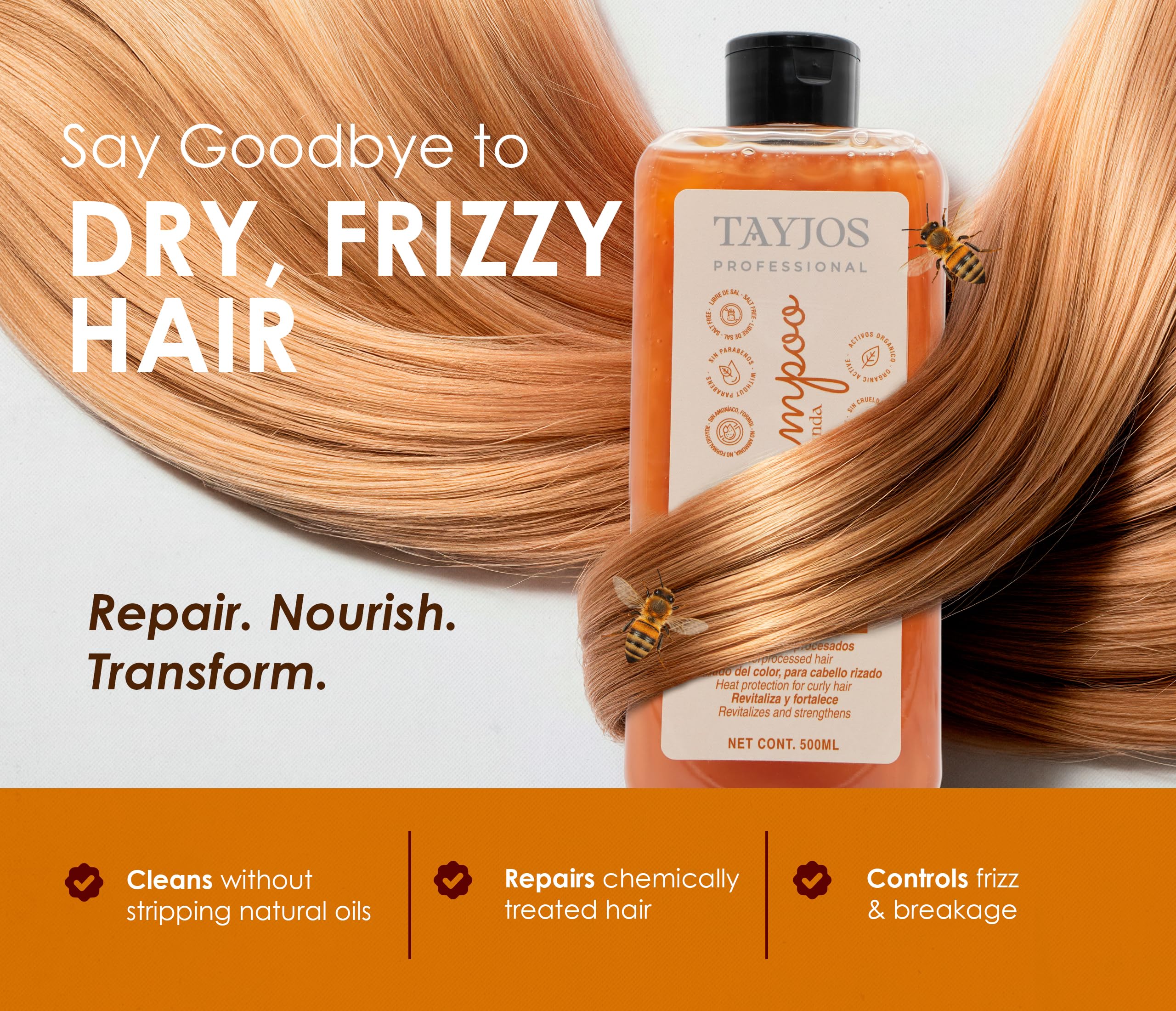 TAYJOS PROFESSIONAL Banana & Honey 500 ml bottle on shelf for daily or salon use.