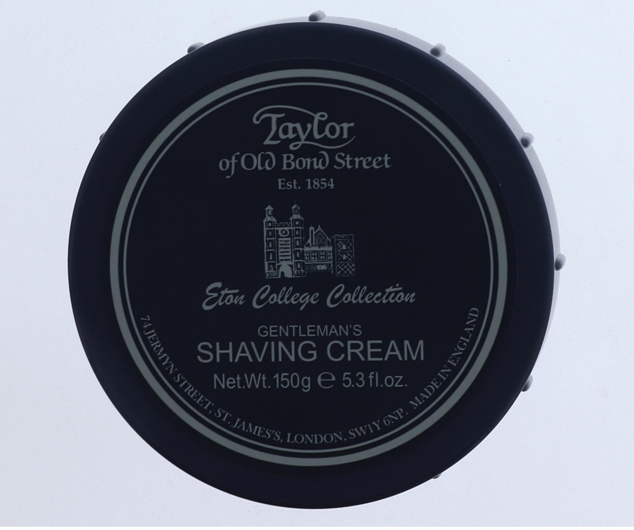Taylor of Old Bond Street Eton College shaving cream jar label, showing premium packaging and iconic scent