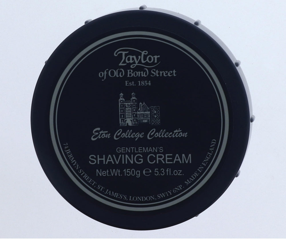 Taylor of Old Bond Street Eton College shaving cream jar label, showing premium packaging and iconic scent