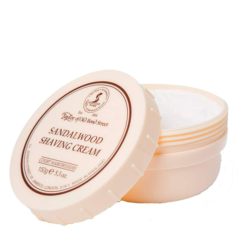 Taylor shaving bowl and sandalwood cream display for a smooth shave experience