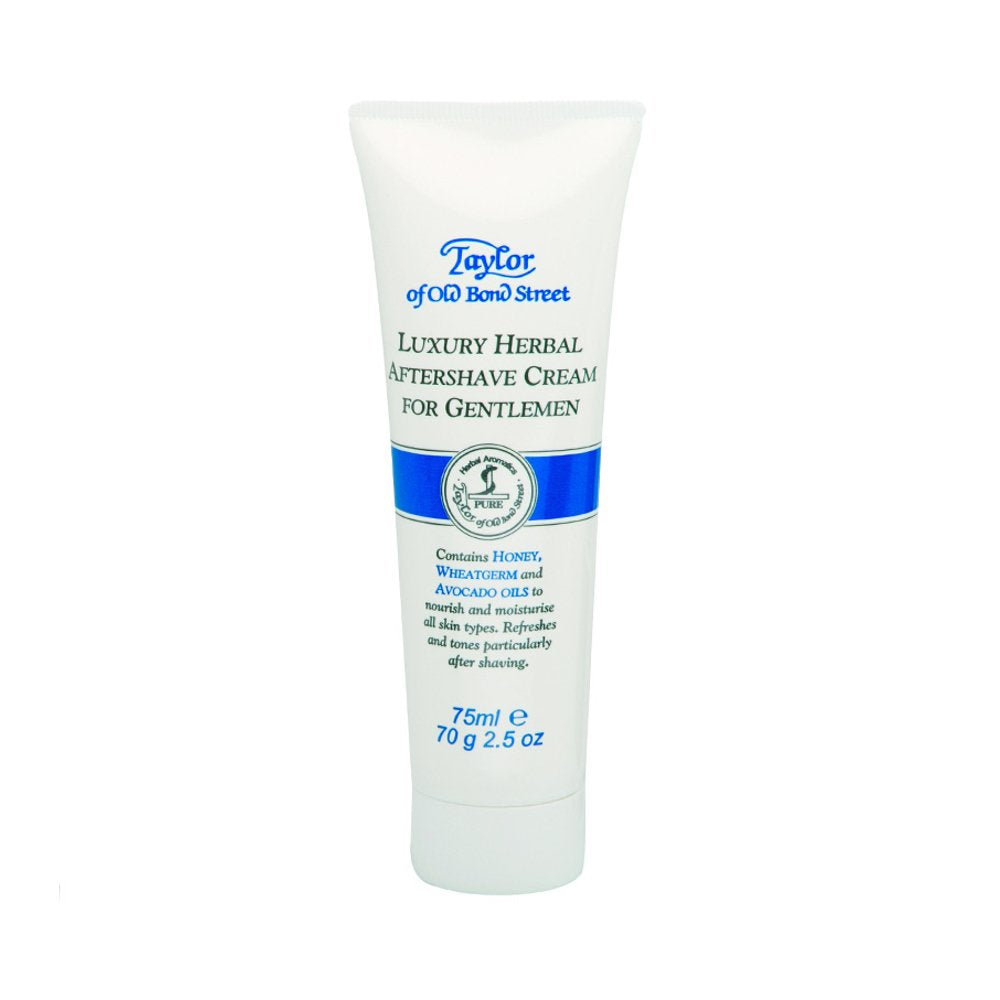 Taylor of Old Bond Street herbal aftershave cream jar highlights premium hydration post-shave