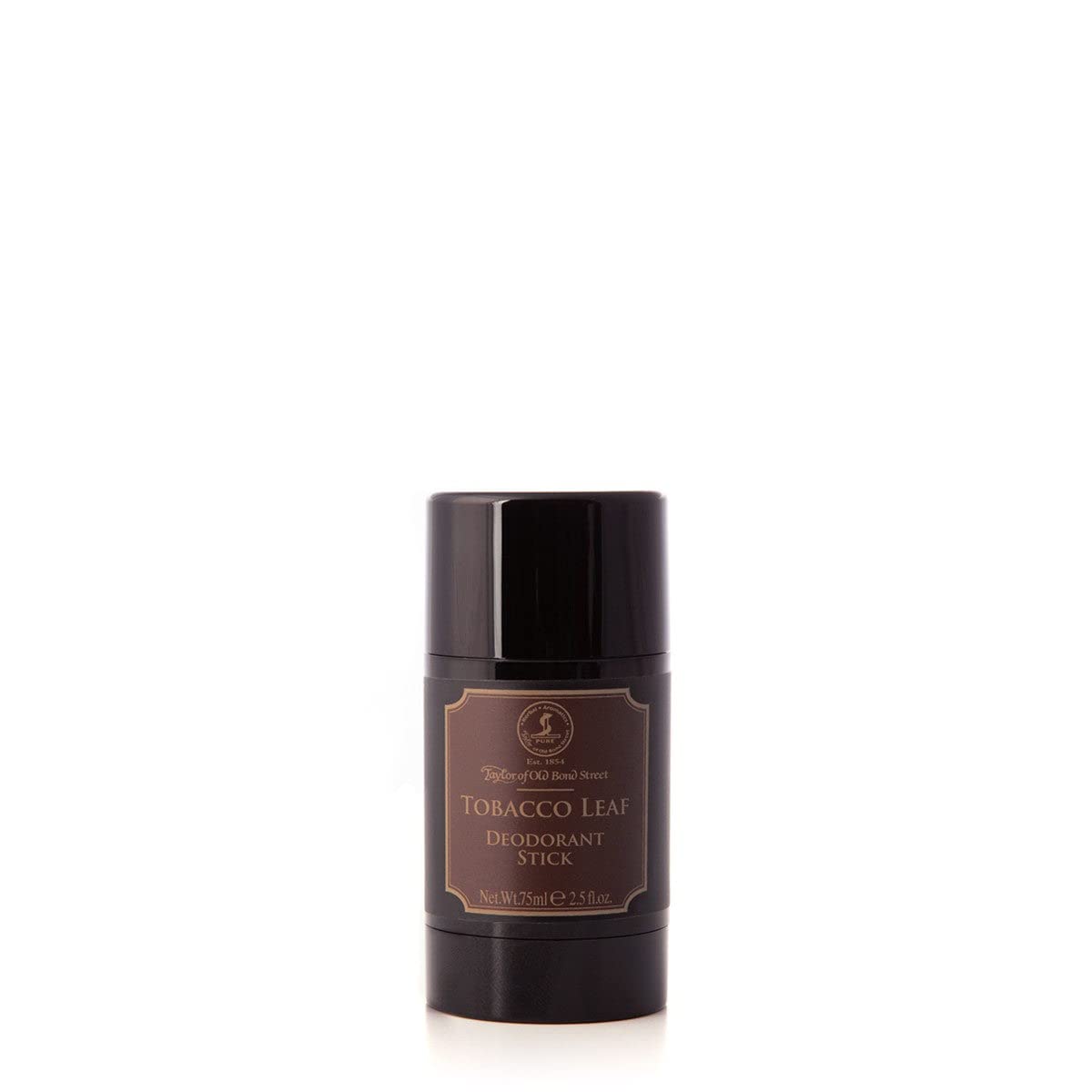 Taylor of Old Bond Street Tobacco Leaf deodorant stick front label, provides subtle odor control.