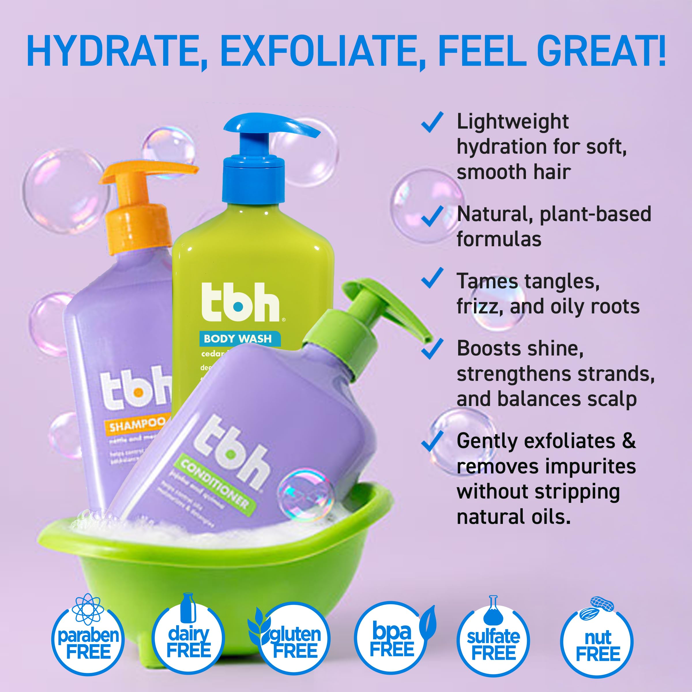 TBH Kids body wash bottle front showing nourishing cleanse for skin and hair.