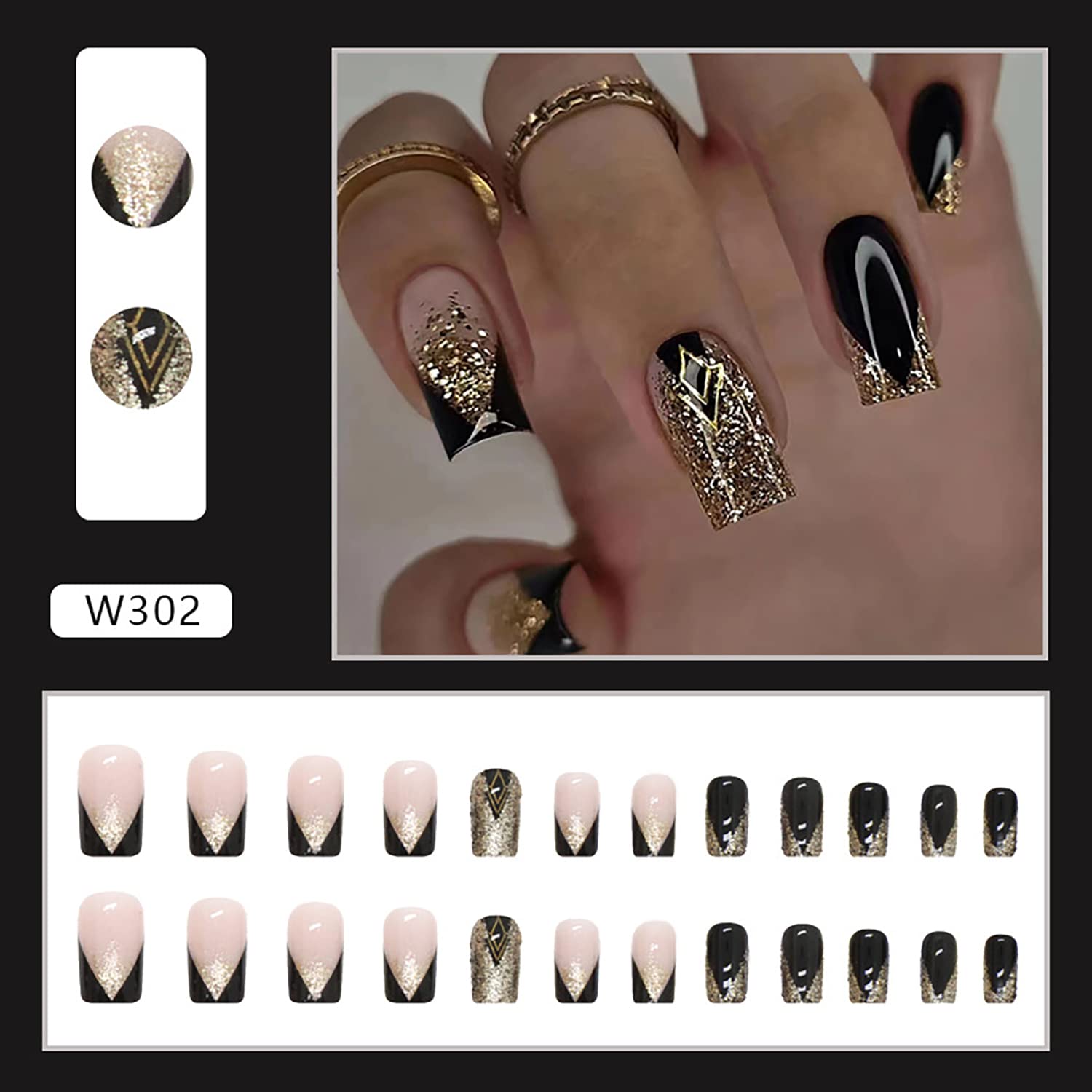 TBRZTR black and gold nail tips on a nude base for chic style.