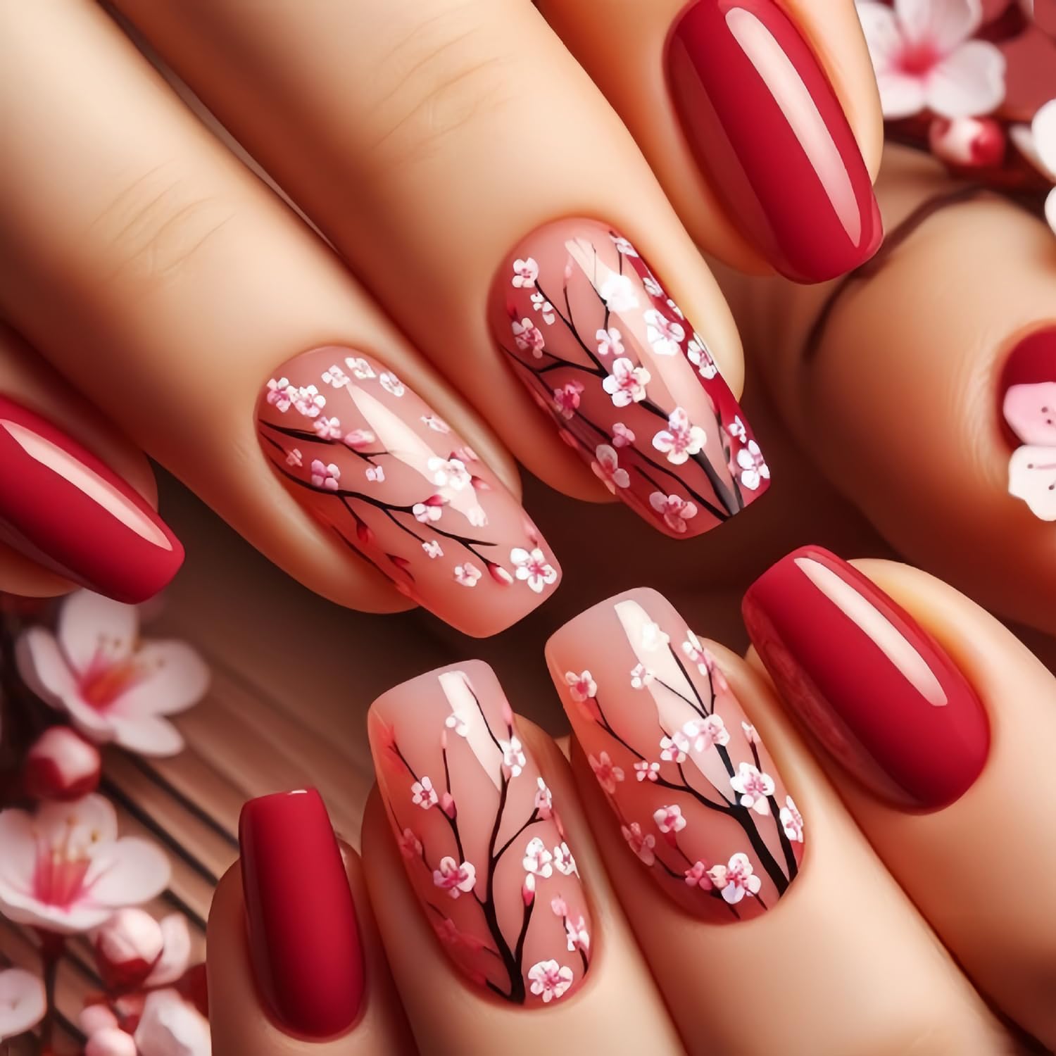 TBRZTR Flower Press On Nails Medium Red Full Cover for salon-quality results.