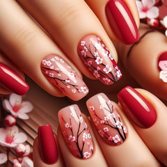TBRZTR Flower Press On Nails Medium Red Full Cover for salon-quality results.