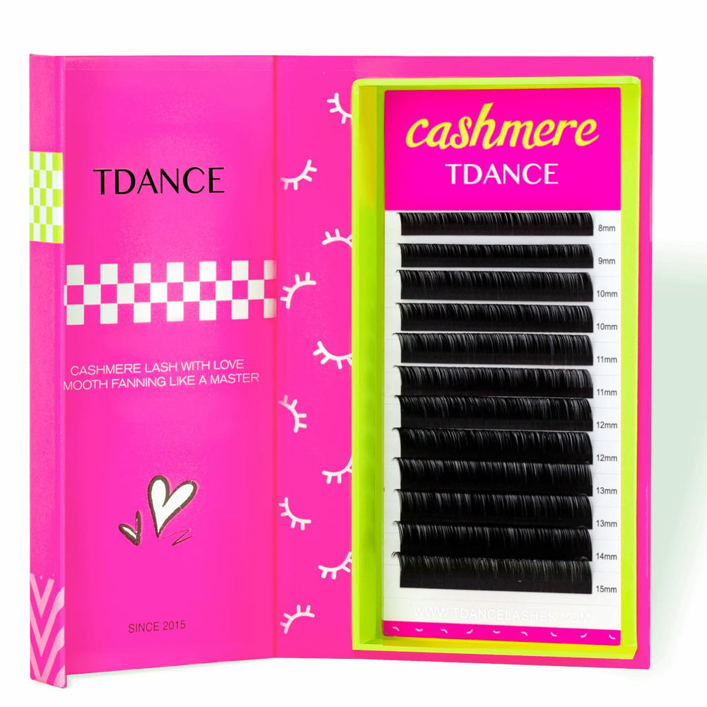 TDANCE cashmere lash extensions closeup pack showing fluffy, lightweight fibers for versatile sets.