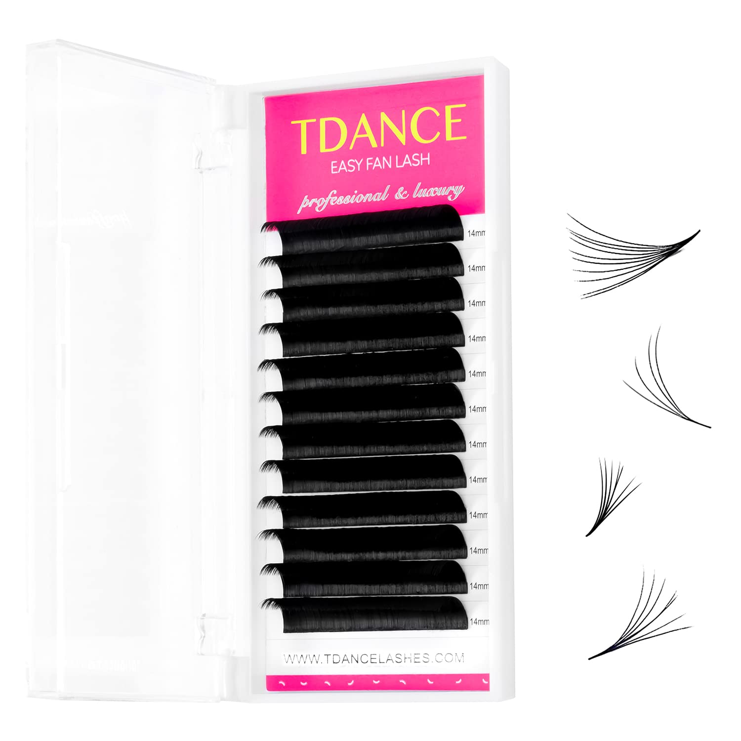 TDANCE Easy Fan Lash Extensions tray showing ready-to-use fans for fast volume sets.