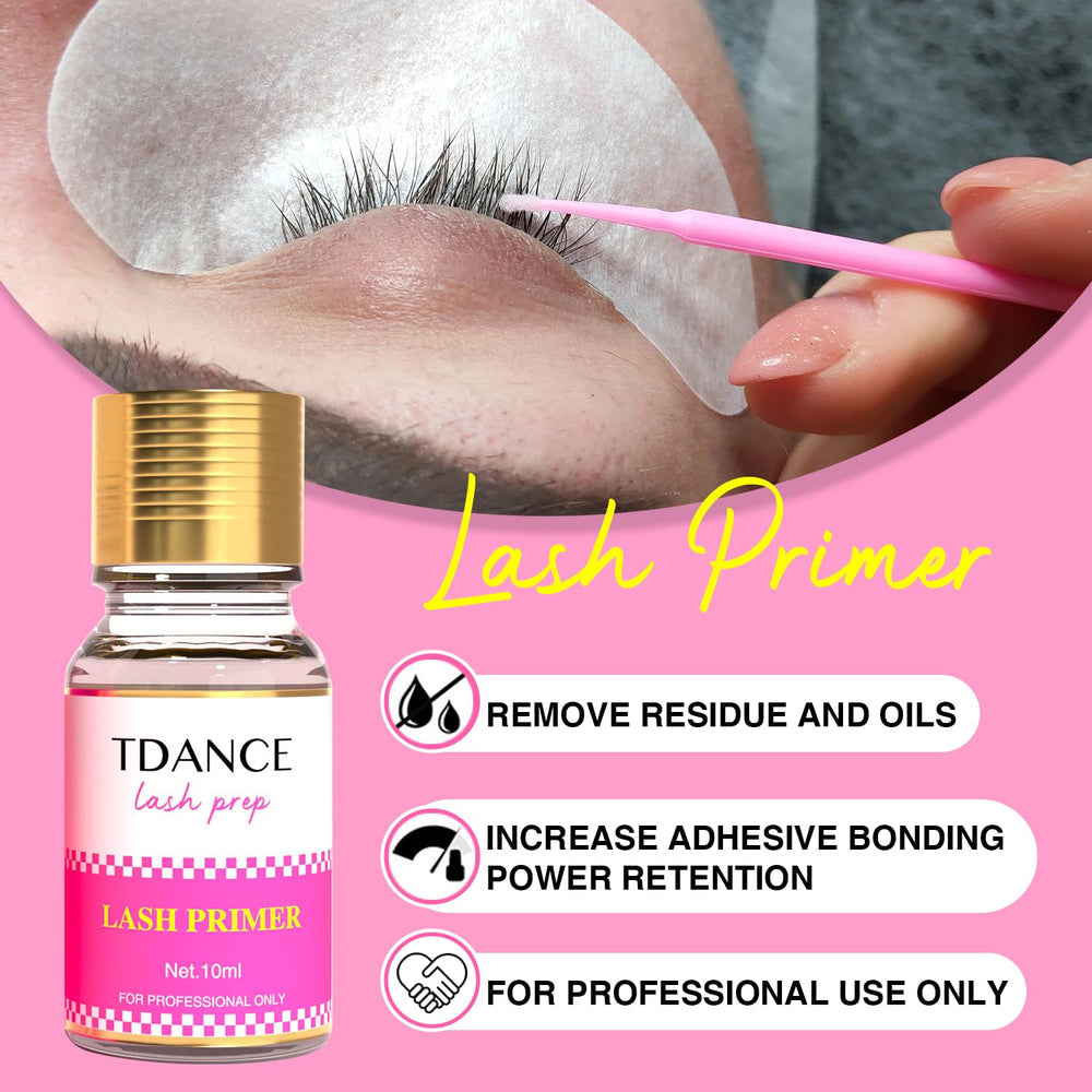 TDANCE Lash Primer clear formulation close-up highlights residue removal.