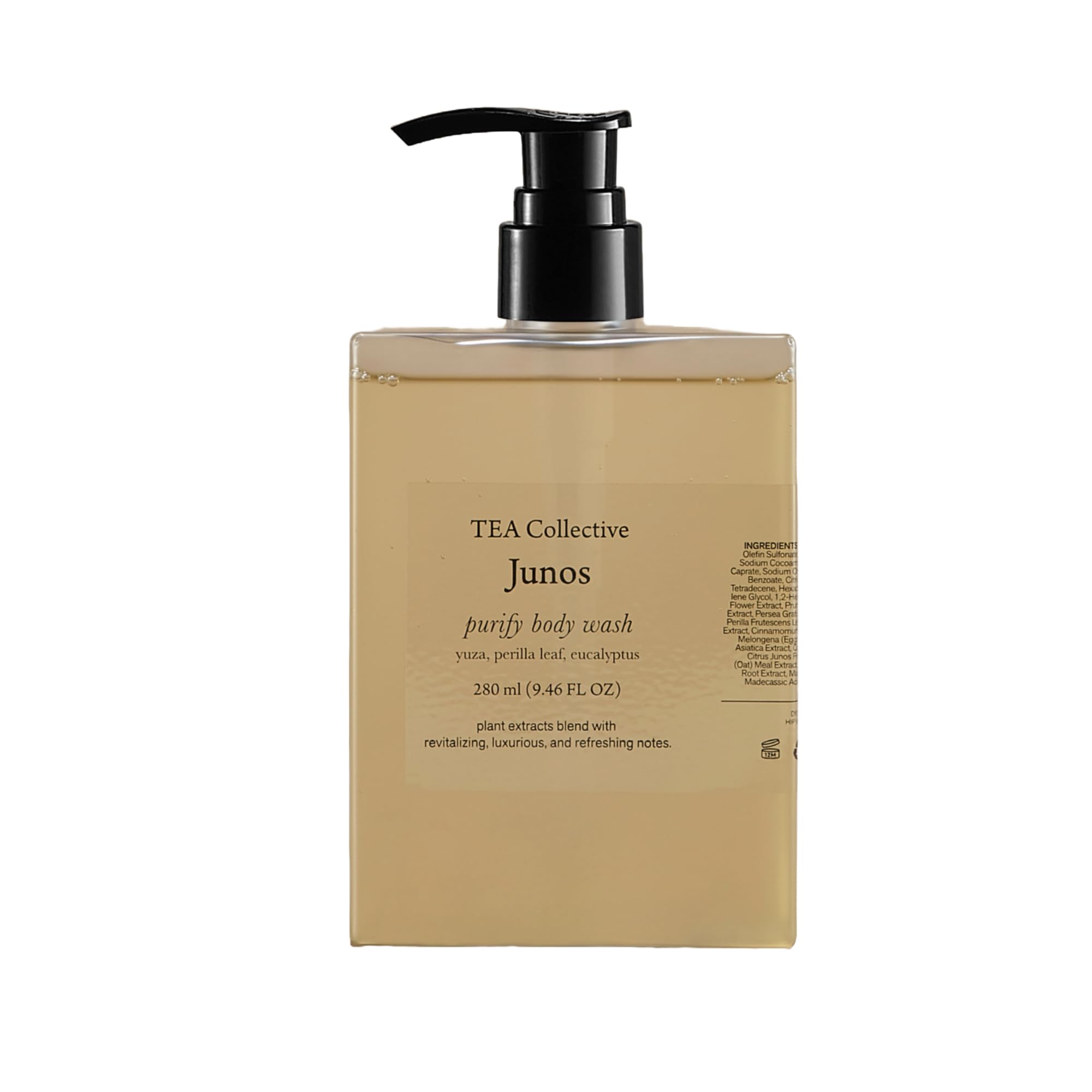 TEA Collective Junos Purify Body Wash with yuzu bottle on the sink, refreshed after use.