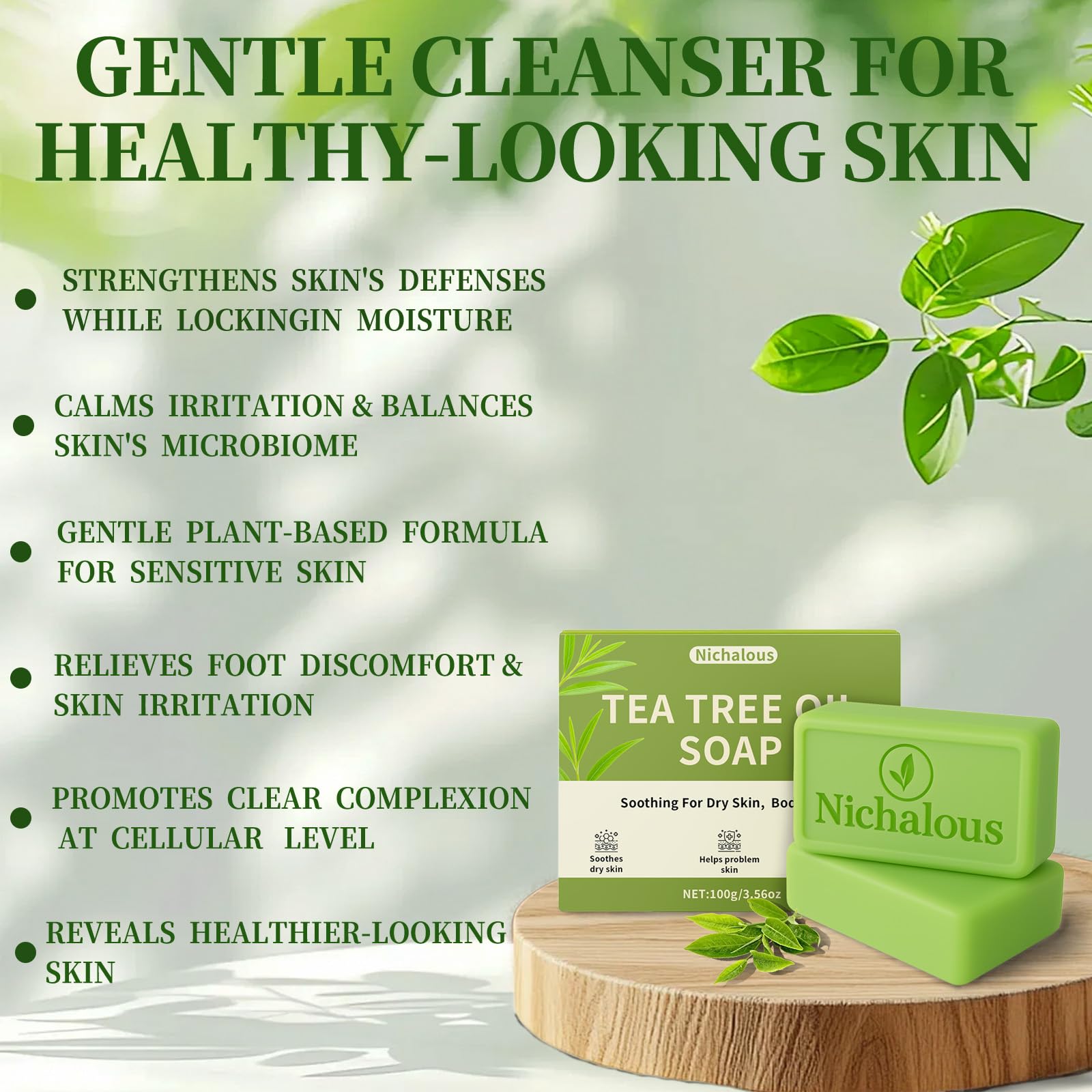 Tea Tree Soap ingredients photo highlights tea tree oil for purifying, gentle cleansing.