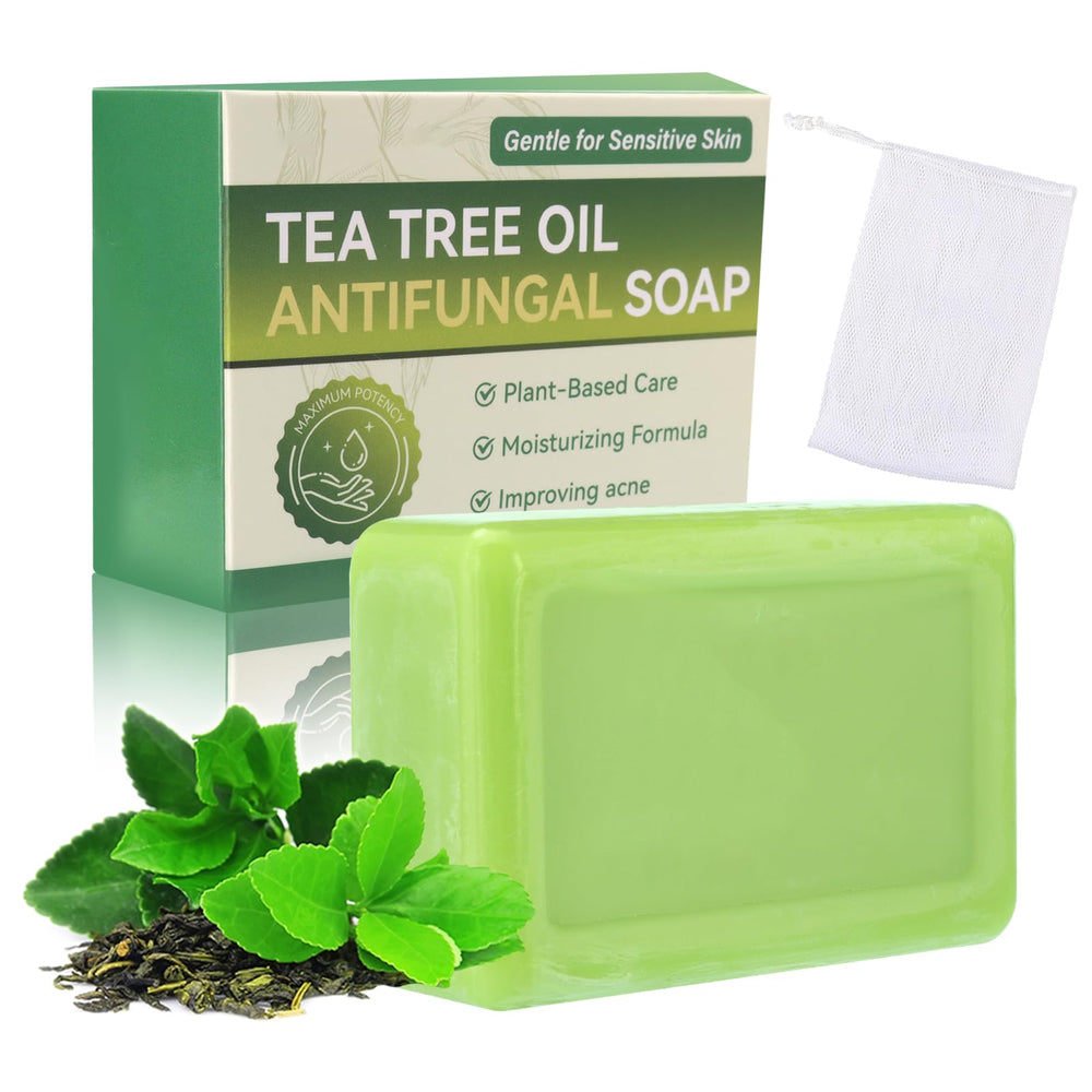 Tea Tree Soap relief bar with foaming net delivers a rich lather for deep cleansing.
