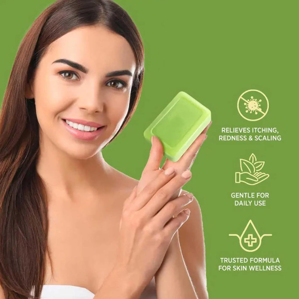 Tea Tree Soap relief bar packaging close-up emphasizes vegan, natural ingredients.