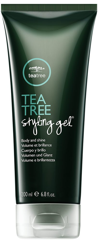 Tea Tree Styling Gel bottle front view highlights medium hold and high shine