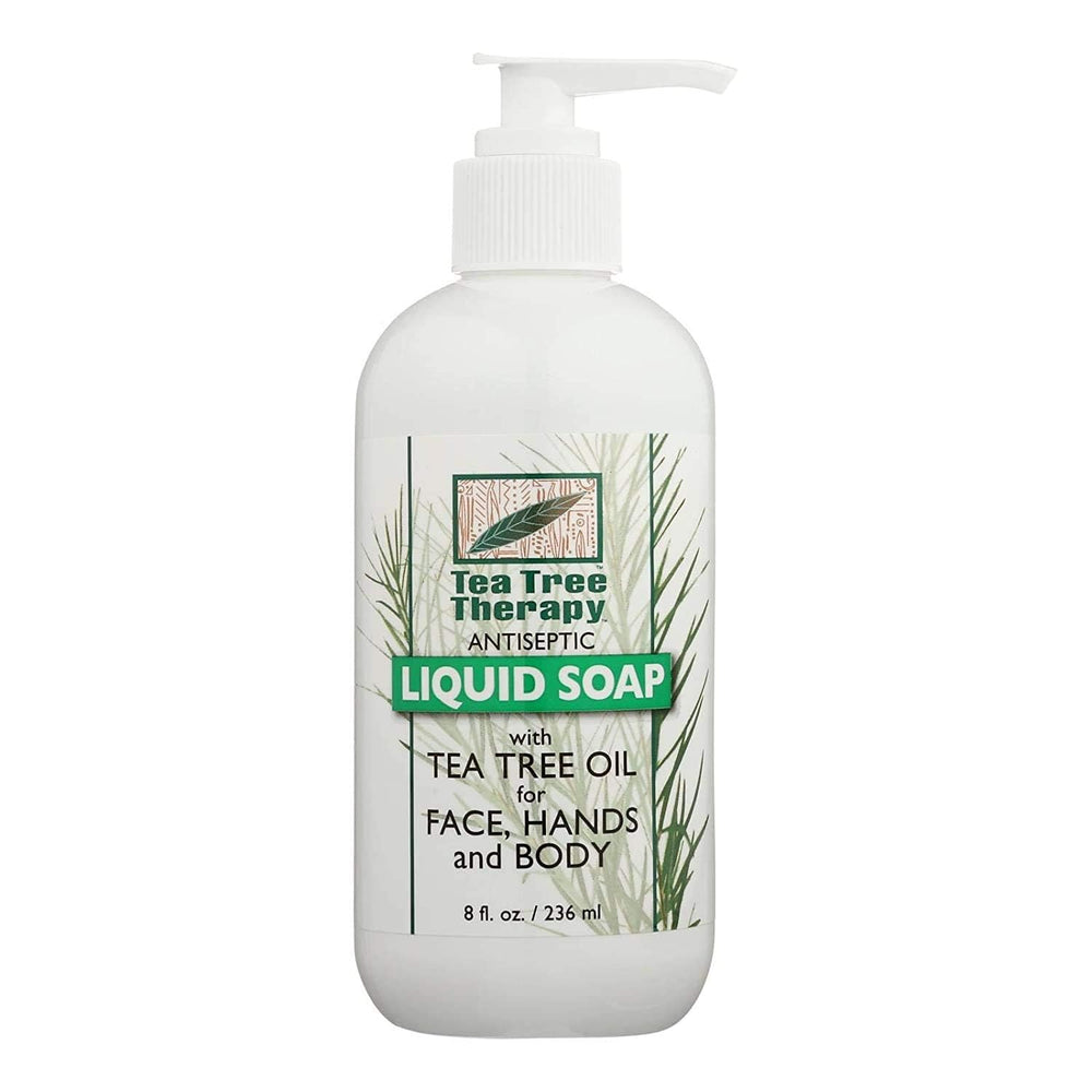 Tea Tree Therapy antibacterial liquid soap bottle-pour; gentle cleansing for hands.