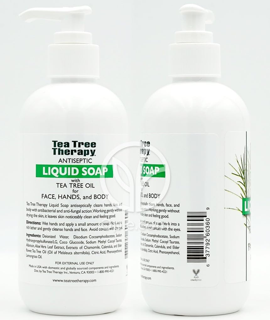 Tea Tree Therapy antibacterial liquid soap hand-lather; soothing clean with tea tree oil.