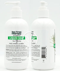 Tea Tree Therapy antibacterial liquid soap hand-lather; soothing clean with tea tree oil.