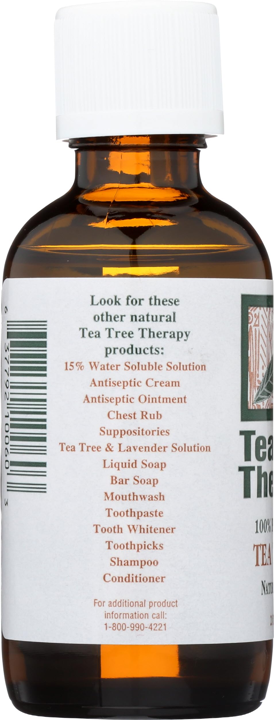 Tea Tree Therapy label close-up highlighting purity and Australian sourcing.