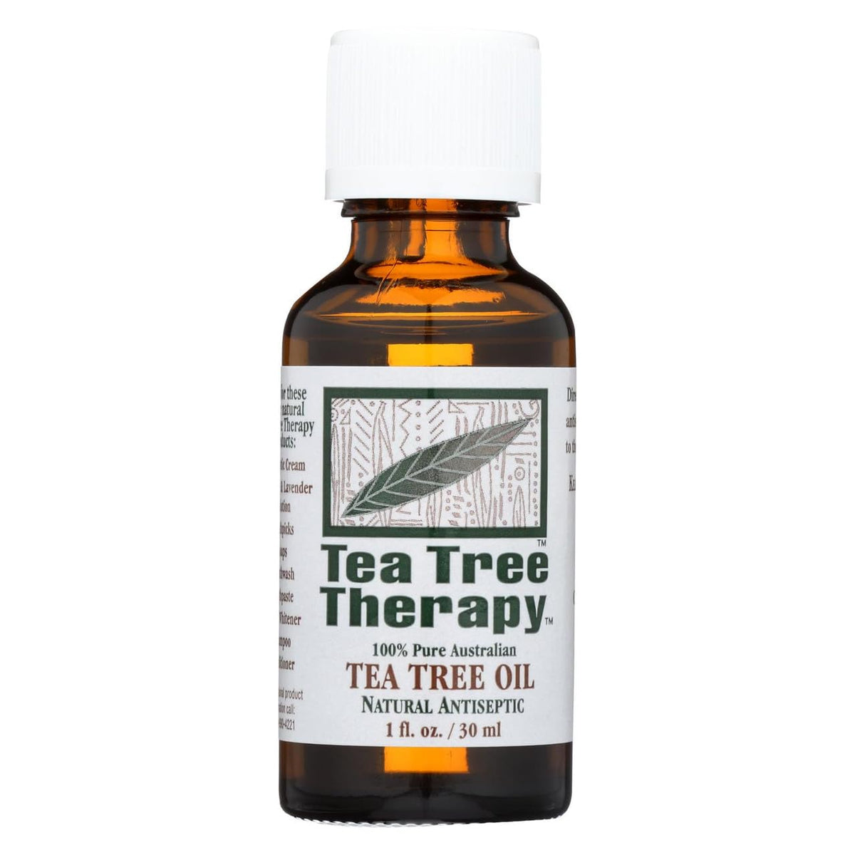 Tea Tree Therapy Tea Tree Oil bottle; versatile natural antiseptic for home use.