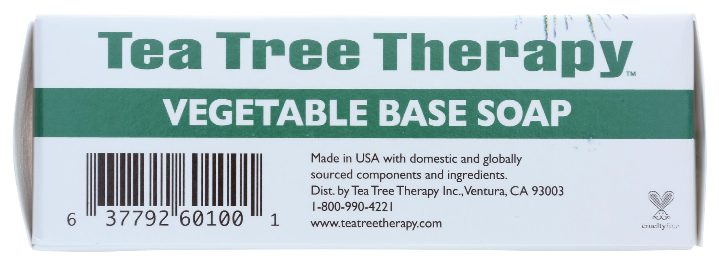 Tea Tree Therapy Vegetable Base Soap packaging on a bathroom shelf