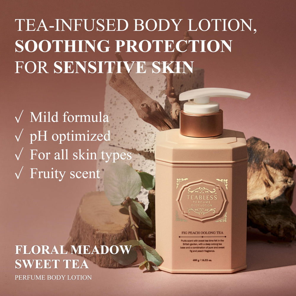 TEABLESS body lotion texture close‑up indicates lightweight hydration.