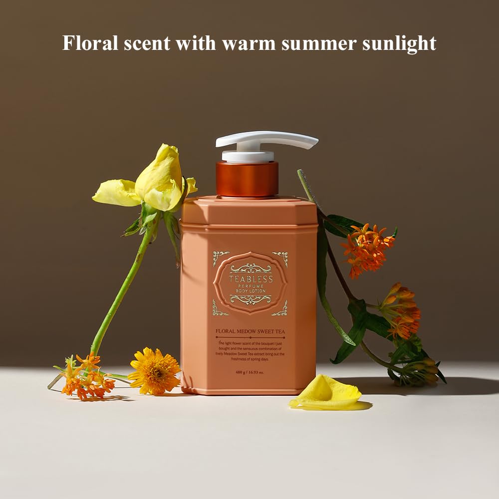 TEABLESS Floral Meadow Sweet Tea lotion pump image highlights easy, mess-free application for smooth skin.