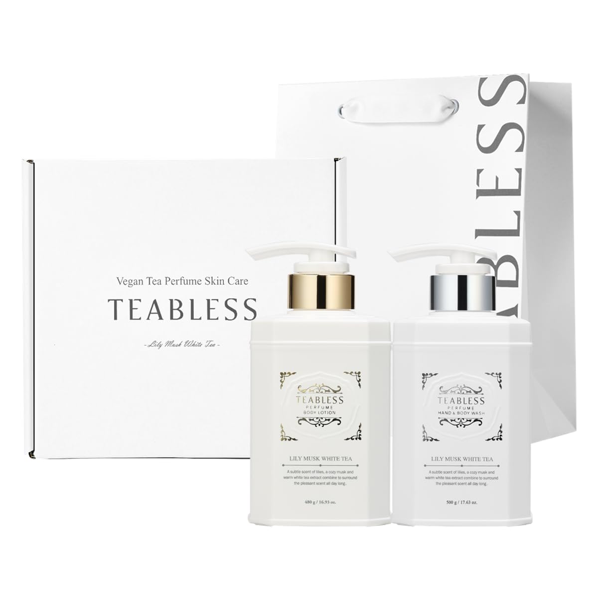 TEABLESS Lily Musk White Tea Gift Set packaging showcases premium gift-ready presentation for delicate skin.