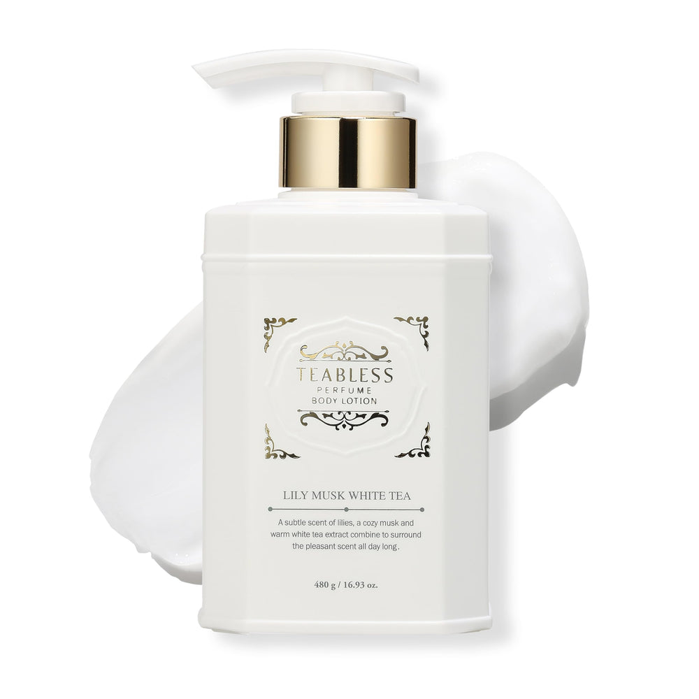 TEABLESS Lily Musk White Tea Lotion packaging shown for daily hydration and branding