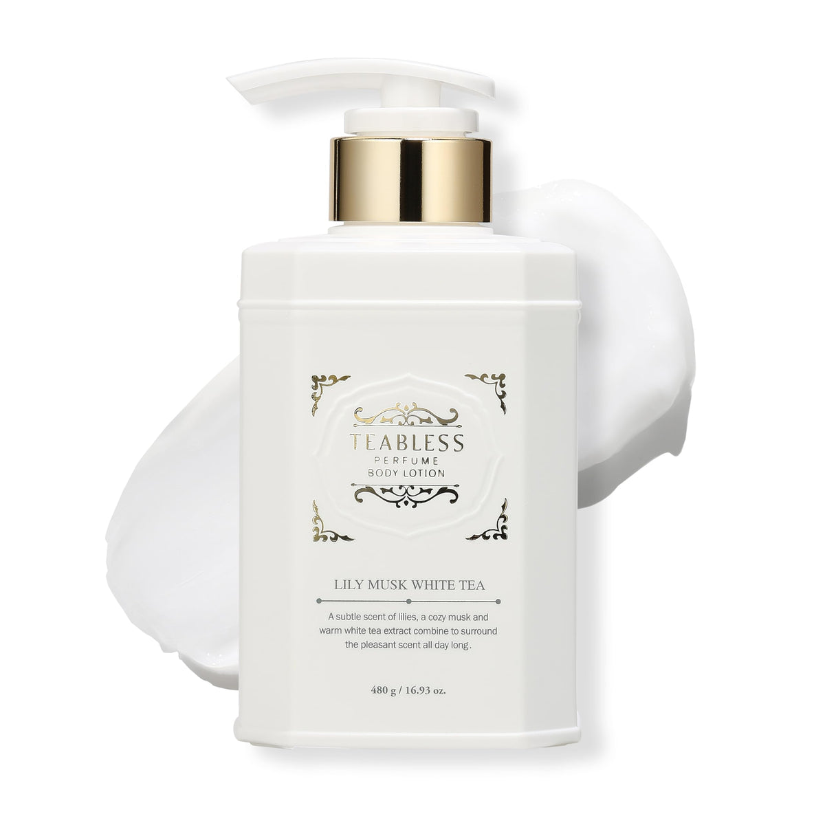 TEABLESS Lily Musk White Tea Lotion packaging shown for daily hydration and branding